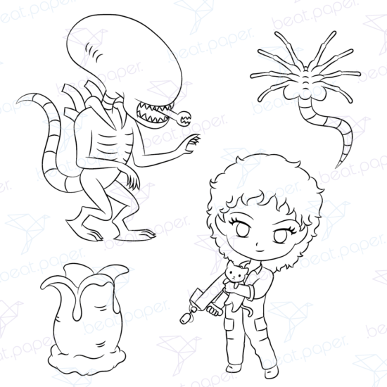 Diseño digital de Alien y Ripley para colorear, scrapbook o manualidades