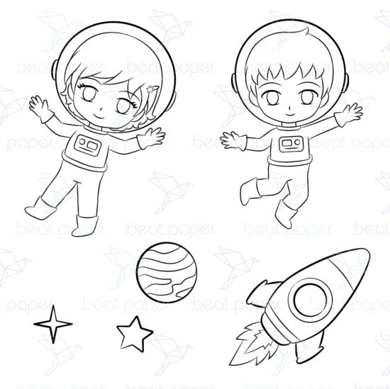 Diseño digital de astronautas y espacio para colorear, scrapbook o manualidades