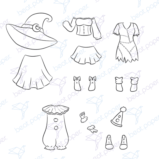 Diseño digital de outfits de halloween para muñeca de papel para colorear, scrapbook o manualidades