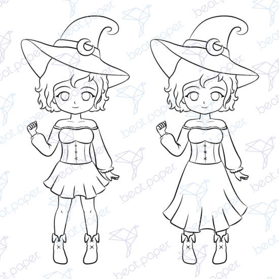 Diseño digital de outfits de halloween para muñeca de papel para colorear, scrapbook o manualidades