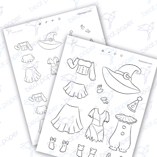 Diseño digital de outfits de halloween para muñeca de papel para colorear, scrapbook o manualidades